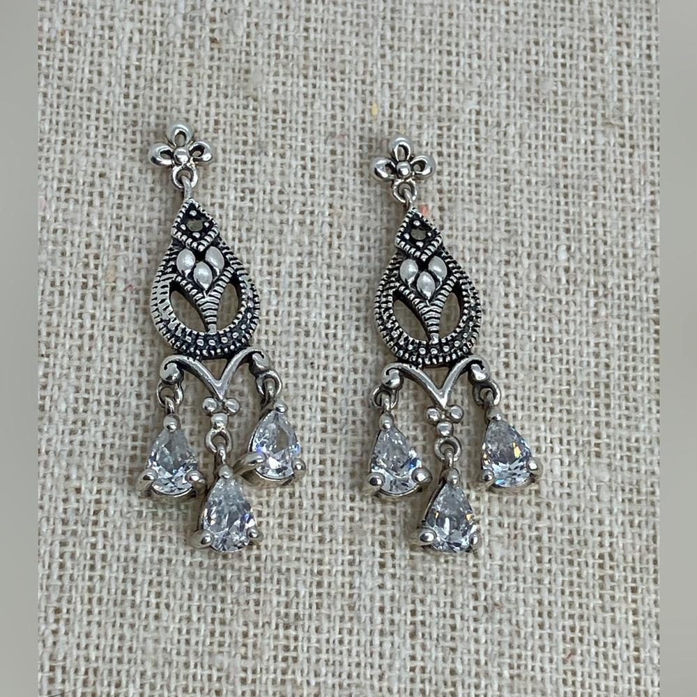 Vtg 925 Sterling Silver Marcasite & CZ Art Deco Style Chandelier Earrings
